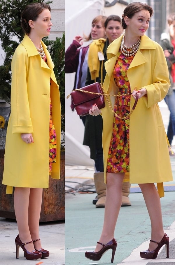 Leighton Meester wearing a Peter Som dress on the set of 'Gossip Girl' in Manhattan, March 20, 2012