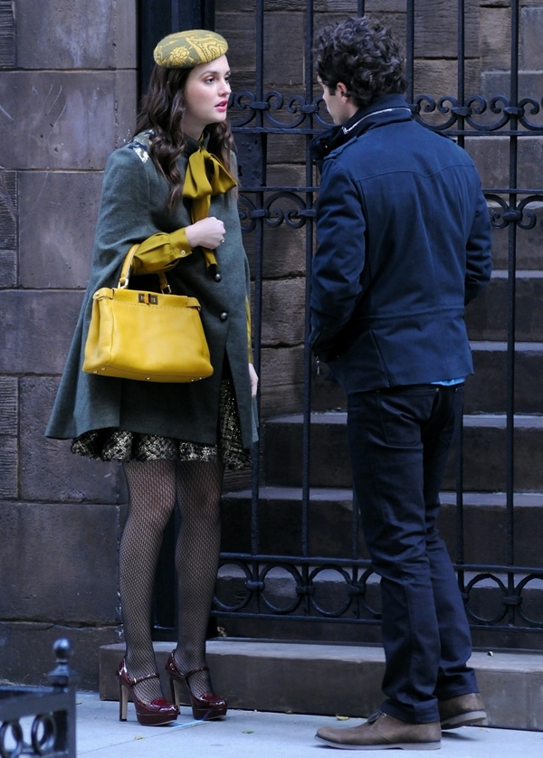 Leighton Meester and Penn Badgley on the set of 'Gossip Girl' filming on location in Manhattan New York City, October 31, 2011