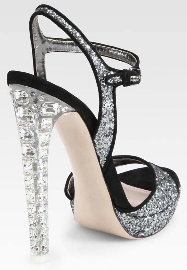 Miu Miu Glitter and Suede Sandal in Silver