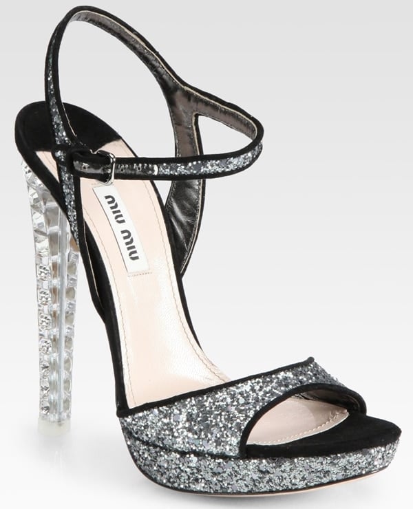 Miu Miu Glitter and Suede Sandal in Silver