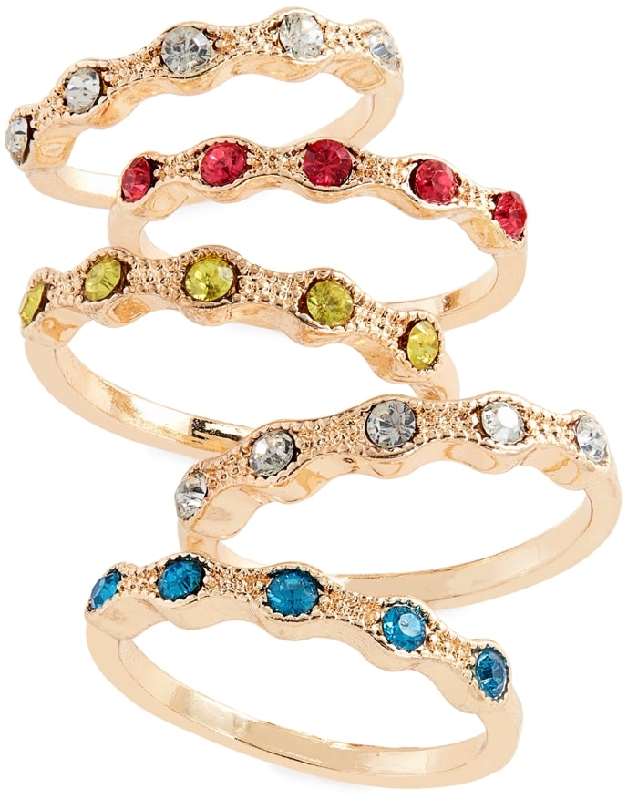 This set of five crystal-embellished rings offer colorful variety—stack them for a statement-making look or wear them individually for a understated style