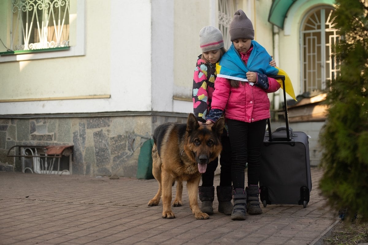 Two little girls with the flag of Ukraine with their dog and a suitcase