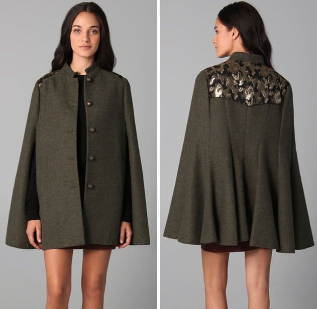 This felt cape features a metallic-jacquard storm flap