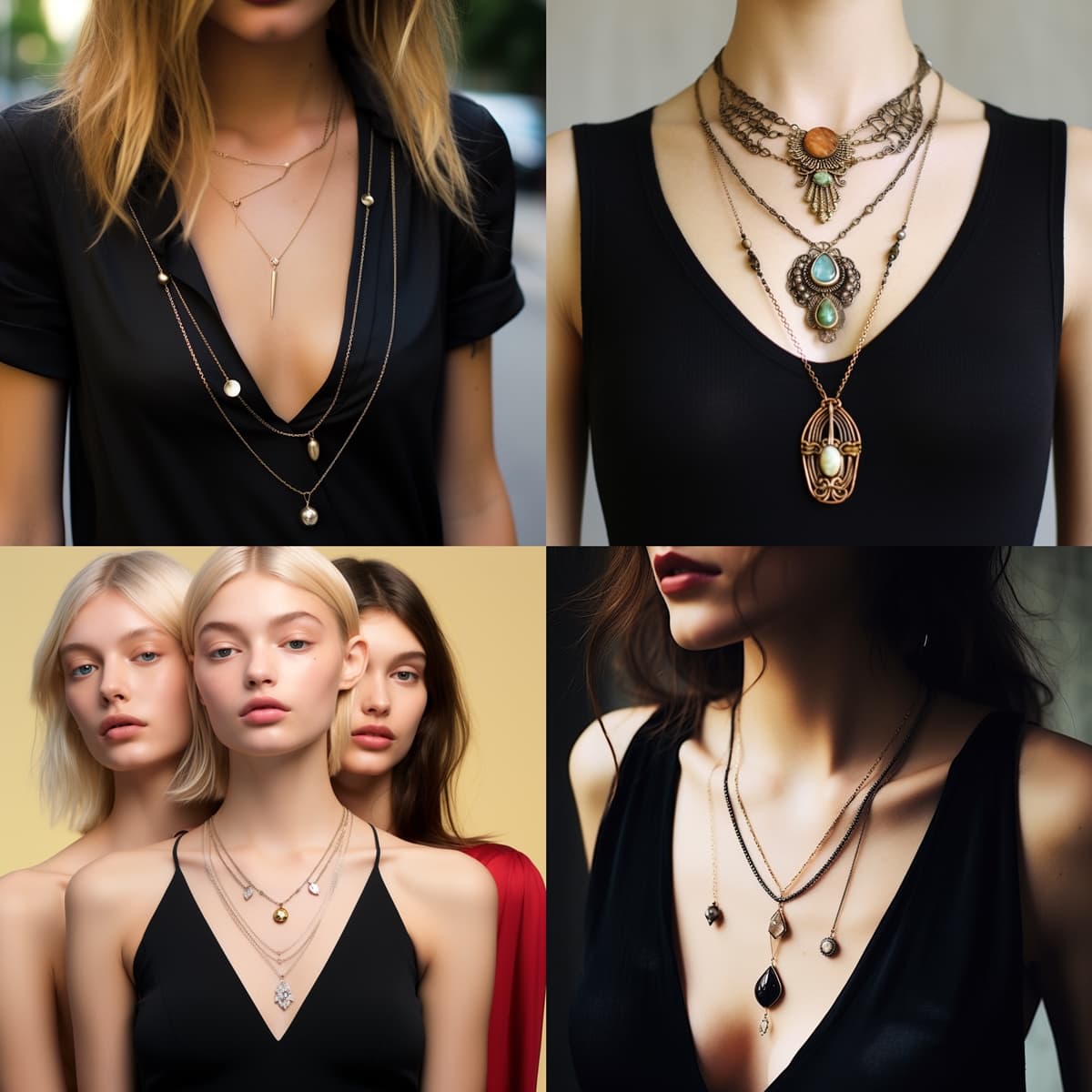 Women showcasing a range of necklaces: layered fine chains, an intricate statement piece, delicate pendants, and a series of long, elegant necklaces, each selection exemplifying the art of matching necklace lengths to personal style and neckline for a flattering look