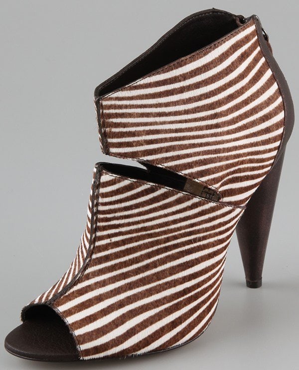 These zebra-print haircalf booties feature an open toe and an exposed back zip