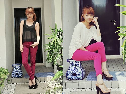 Color-pop perfection: Bobo makes a bold statement in pink skinny jeans, styled with neutral tops and sky-high platforms that add effortless glam