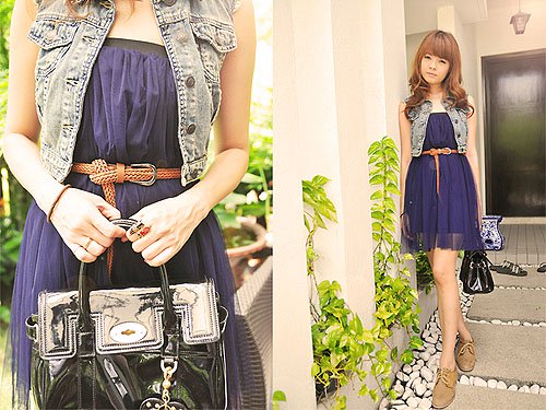 Modern boho vibes: Bobo elevates a flowy navy dress with tan oxford heels, a braided belt, and a cropped denim vest for a perfectly polished daytime look