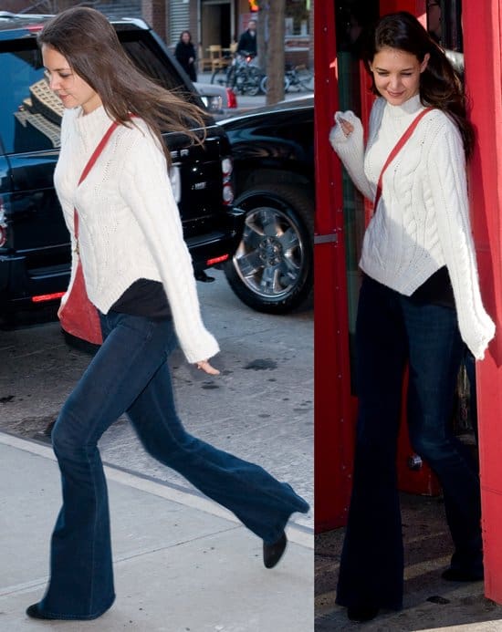 On December 19, 2011, Katie Holmes was spotted at Bubby's in NYC wearing Aldo Qualheim boots, a Clare Vivier messenger bag, and a Carven cable knit sweater