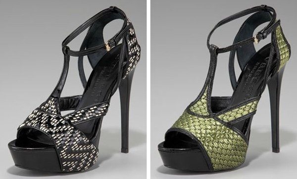 Burberry Woven Raffia/Leather Platform Sandals in Black/White & Green