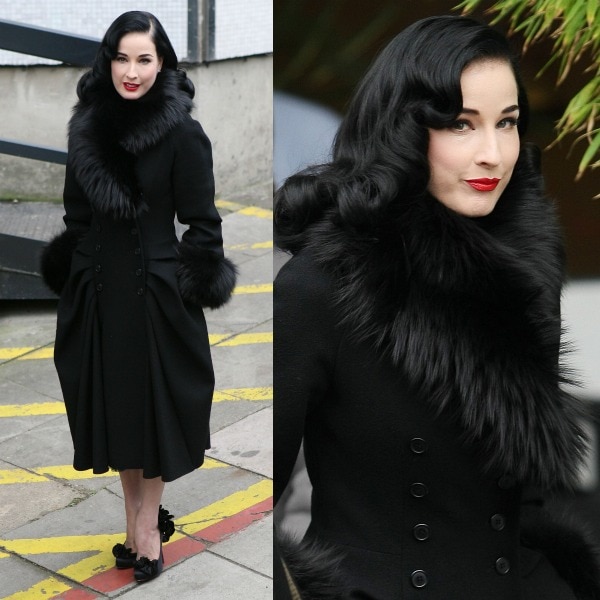 Dita Von Teese wears her dark hair down outside the ITV studios