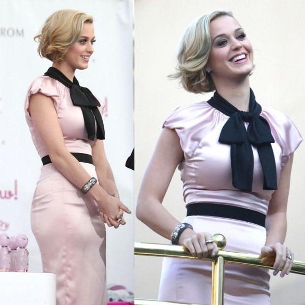 Katy Perry looking pretty in an icy pink satin dress from the Moschino Fall/Winter 2011 Collection