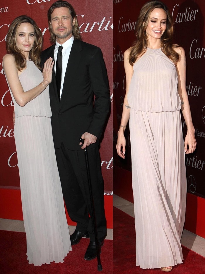 Angelina Jolie exudes effortless elegance in a flowing nude Elie Saab gown paired with matching Jimmy Choo heels, posing alongside Brad Pitt at the 23rd annual Palm Springs International Film Festival Awards Gala on January 7, 2012