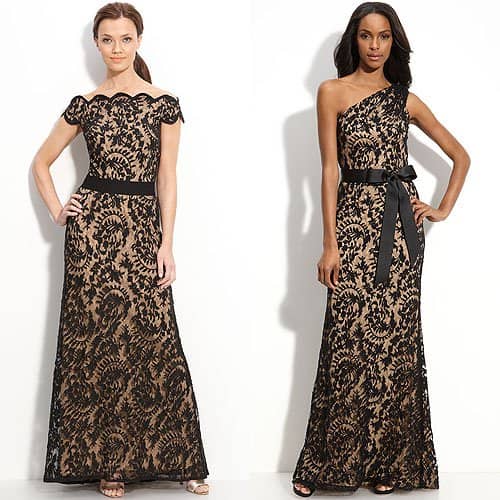 Tadashi Shoji lace overlay off-shoulder gown / Tadashi Shoji one-shoulder lace dress