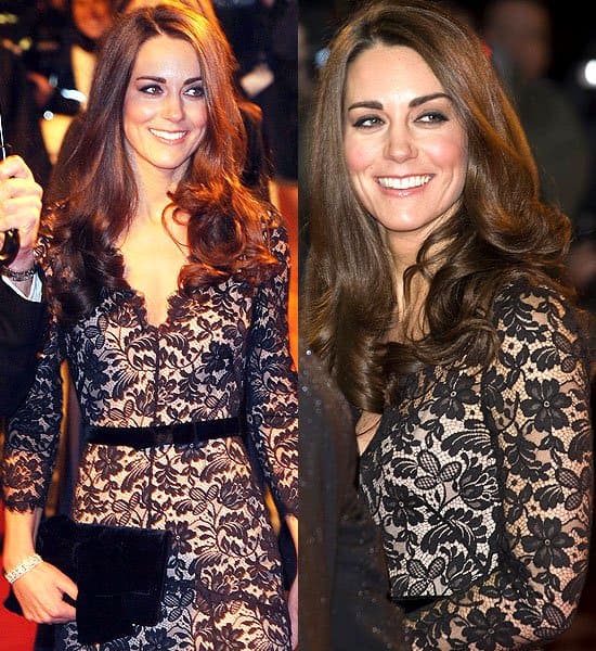 Kate Middleton looked stunning in a black lace floor-length Amoret Lace Dress by Temperley London, featuring bracelet-length sleeves, a keyhole closure on the back, a removable velvet waist belt with a bow, and a nude-pink silk slip lining, at the premiere