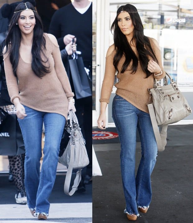Kim Kardashian's outfit for her visit to the Chanel store in Los Angeles on January 20, 2012, featured a Helmut Lang asymmetric paper wool top, Azzedine Alaïa leather platform sandals, a Balenciaga Giant Rose Gold Velo handbag, and a House of Harlow 1960 three strand headpiece in gold