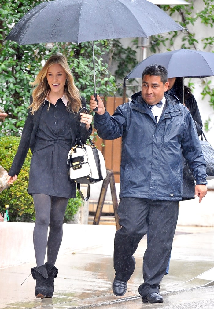 On January 23, 2012, a pregnant Kristin Cavallari was seen in West Hollywood braving the rain, stylishly dressed in a Finder Keepers Got to Hurry dress and accessorized with a Z Spoke Zac Posen Americana Zs1005 satchel
