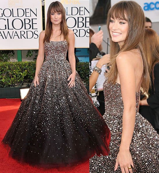 Olivia Wilde radiates Old Hollywood glamour at the 2011 Golden Globes in a strapless chocolate brown embroidered Marchesa ballgown paired with Christian Louboutin heels and Tiffany & Co. jewels