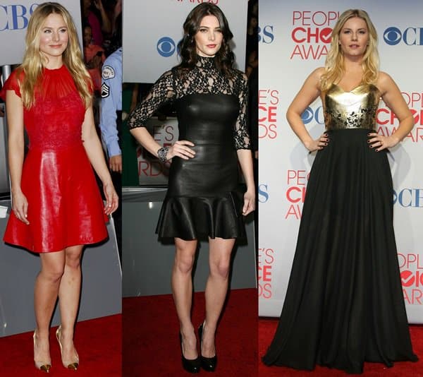 Kristen Bell in Valentino, Ashley Greene in DKNY, and Elisha Cuthbert in Sunny Fong at the 2012 People's Choice Awards