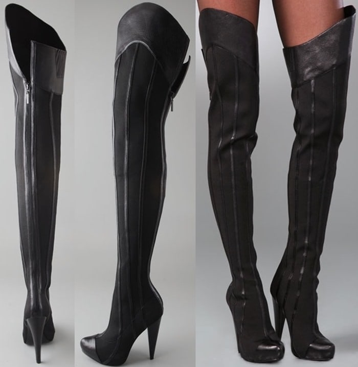 These jersey over-the-knee platform boots feature a leather toe cap and top line