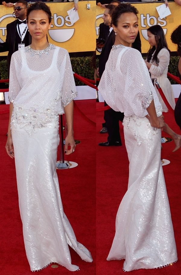 Zoe Saldana in a long white Givenchy Couture gown