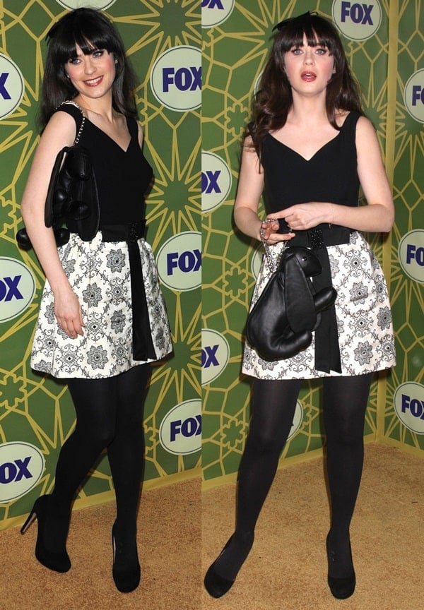 Zooey Deschanel showcasing her unique style with a rabbit-shaped leather purse, a playful yet chic accessory choice