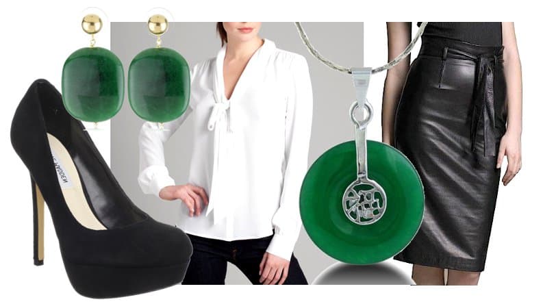 BGSD Belted Lambskin Pencil Skirt, GUESS by Marciano Eliza Blouse, Steve Madden Bevv Platform Pump, Super Jeweler Classic Jade Look Pendant Necklace, and Amanda Rudey Rock Candy Emerald Jade Jawbreaker Earrings