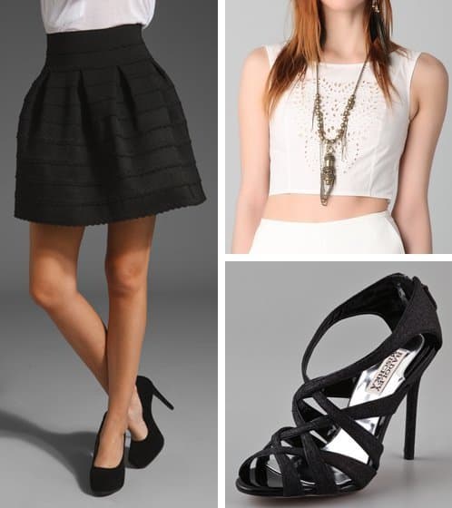 Outfit with black sandals, a cropped white blouse, and a black skirt