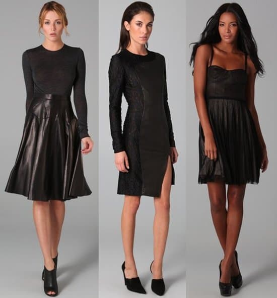 Derek Lam Long Sleeve Leather Dress / Kevork Kiledjian Cutout Leather Dress with Lace / Alice + Olivia Tamira Leather Bustier Dress