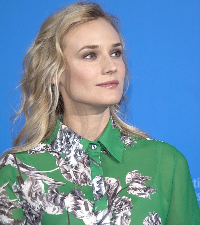 A closer look at Diane Kruger's fashion-forward shirt, featuring a mix of prints and textures, at the Berlin Film Festival