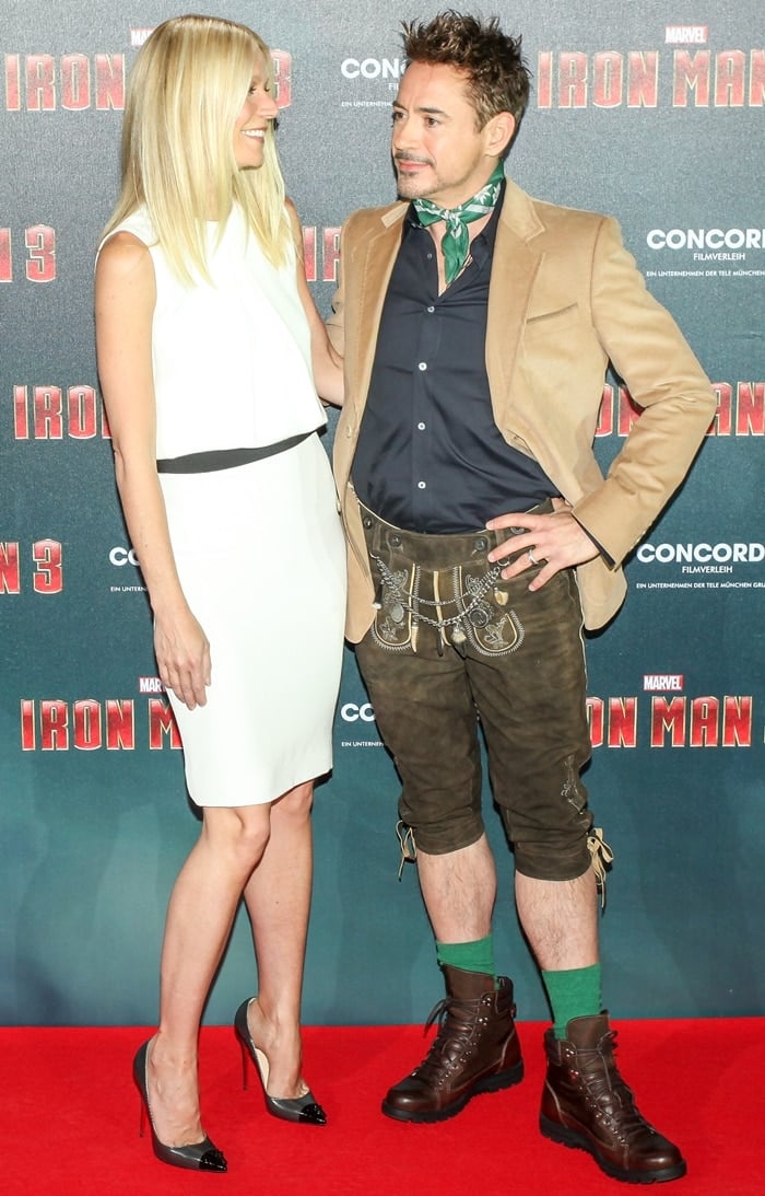 Robert Downey Jr. wore platform boots to make the height difference less noticeable at an Iron Man 3 photocall with Gwyneth Paltrow