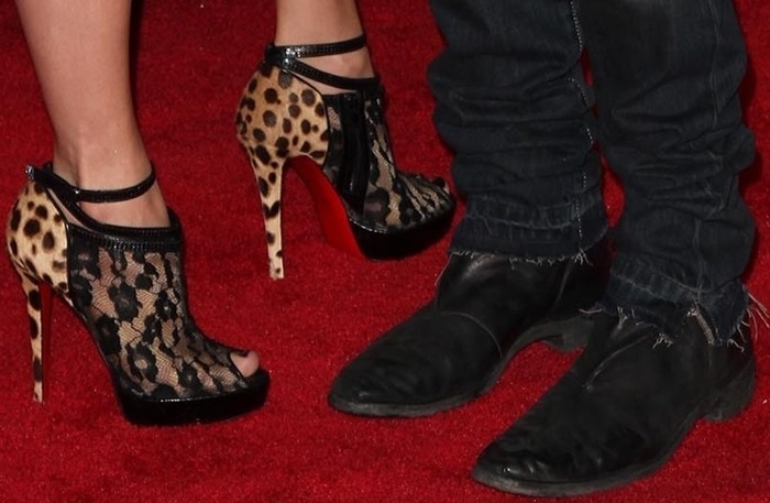 Jennifer Lopez's feet in leopard-and-lace Christian Louboutin booties