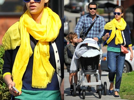 Jessica Alba and Cash Warren take a walk through Brentwood with their daughters Honor Marie and Haven after having lunch together