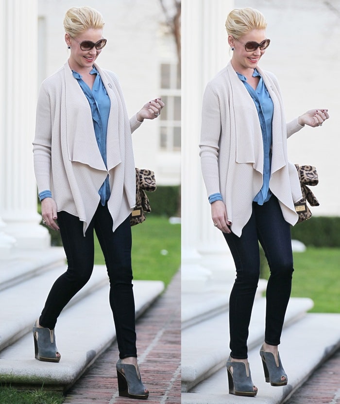 Katherine Heigl rocks a draped cardigan, top, and skinnies