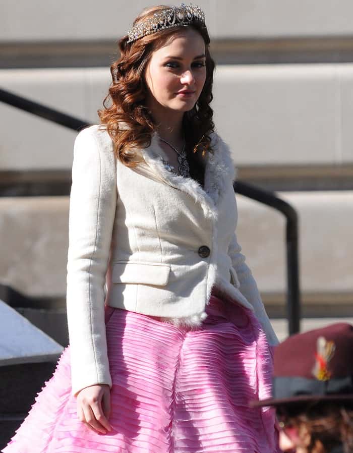 Blair's enchanting Oscar de la Renta cotton candy pink gown from the Resort 2012 collection, which she donned in "Gossip Girl" season five, episode 19, paired with a white fur-lined Revillon jacket and a tiara