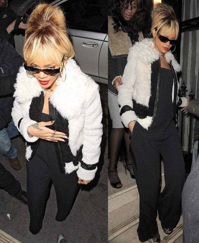 Rihanna exudes bold sophistication in a Burberry shearling jacket, Giuseppe Zanotti heel-less platform d’Orsay pumps, and statement accessories, celebrating her 24th birthday in style at Nozomi Restaurant in London on February 20, 2012