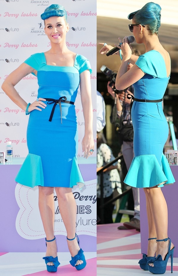 Katy Perry made a striking appearance at The Americana at Brand on February 22, 2012, in Glendale, California, donning a captivating all-blue ensemble from head to toe