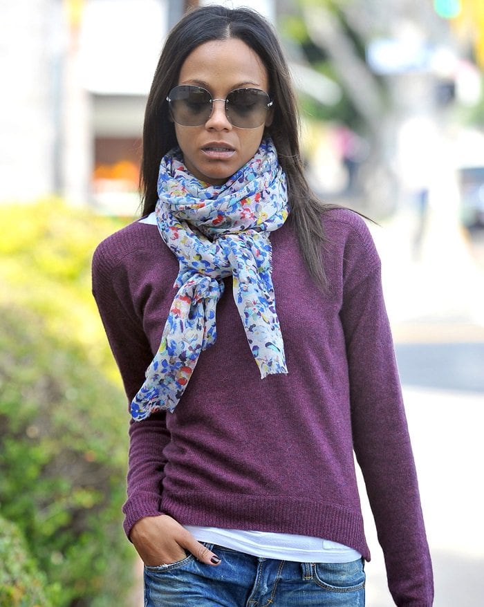Zoe Saldana elegantly combines a purple and blue ensemble while running errands in Los Angeles