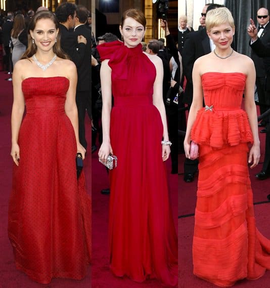 Red Carpet Royalty: Natalie Portman, Emma Stone, and Michelle Williams Dazzle in Red at the 2012 Oscars