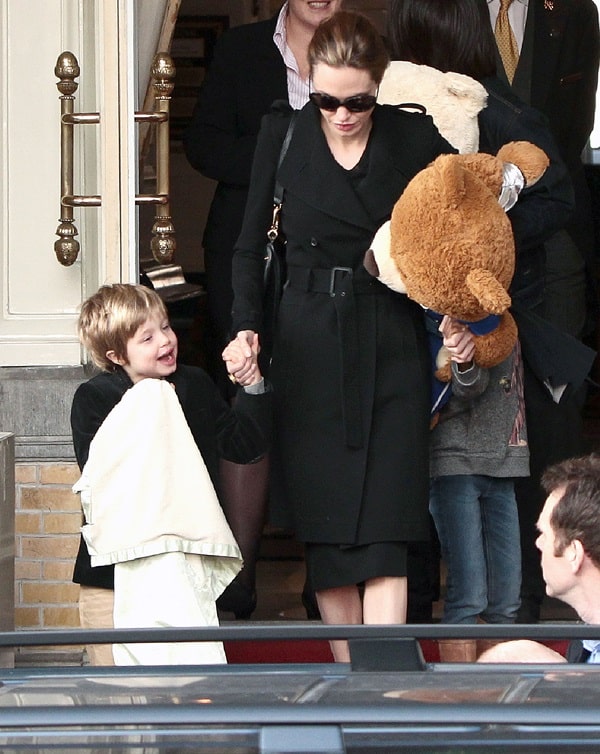 Angelina Jolie with daughters Zahara and Shiloh leaving the InterContinental Amstel Amsterdam in Amsterdam on March 14, 2012