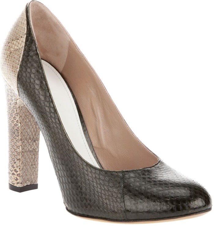 Chloe Two-Tone Snakeskin Pumps in Dark Green and Beige