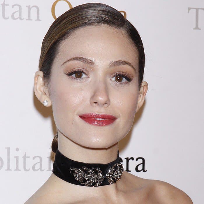 A striking embellished choker further accentuated Emmy Rossum's outfit for the Metropolitan Opera Gala Premiere