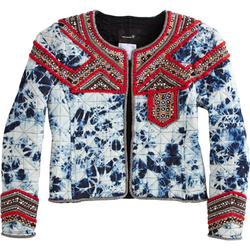 Brooklyn Decker's eye-catching Isabel Marant jacket merges classic tie-dye with luxurious embellishments, a standout piece from their popular collection