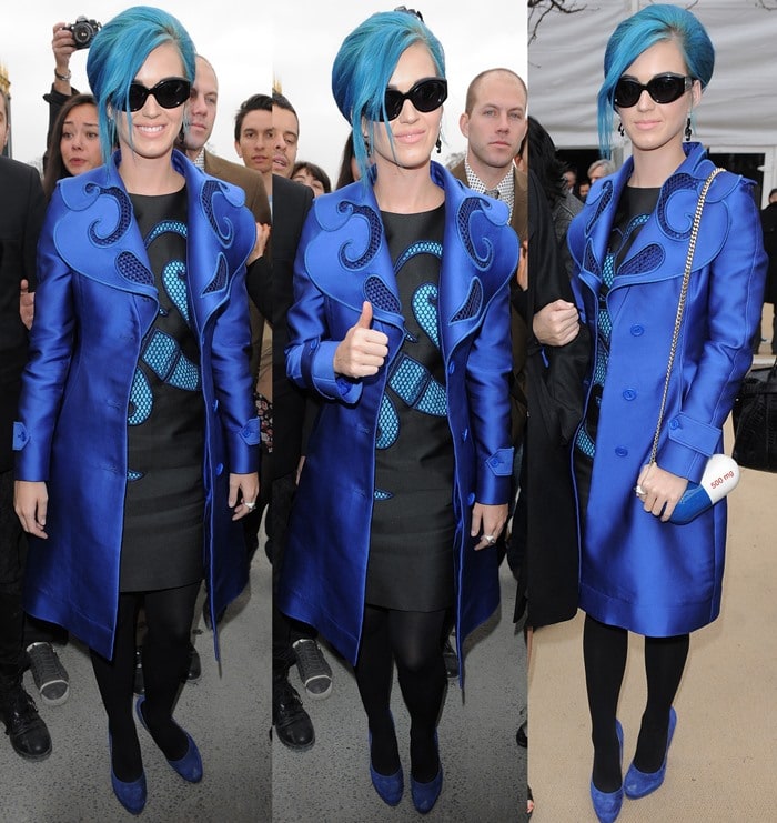 Katy Perry shows off an all-blue outfit — hair included! — during Paris Fashion Week