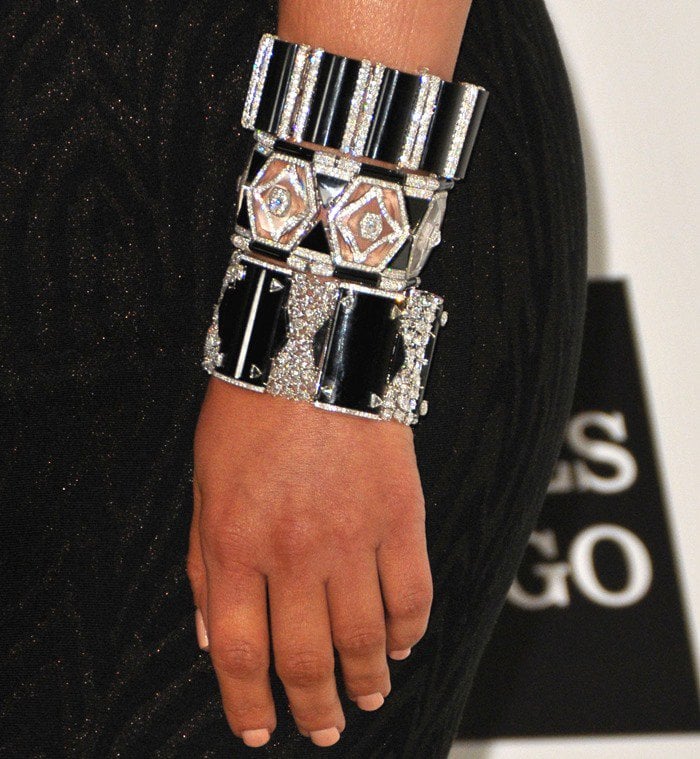 A close-up of Kim Kardashian's exquisite Lorraine Schwartz jewelry, adding a touch of glamour to her sophisticated ensemble