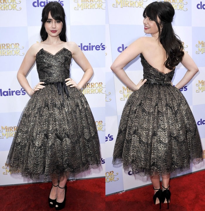 Lily Collins wearing a gorgeous princess like Dolce & Gabbana dress and peep-toe pumps from Giuseppe Zanotti