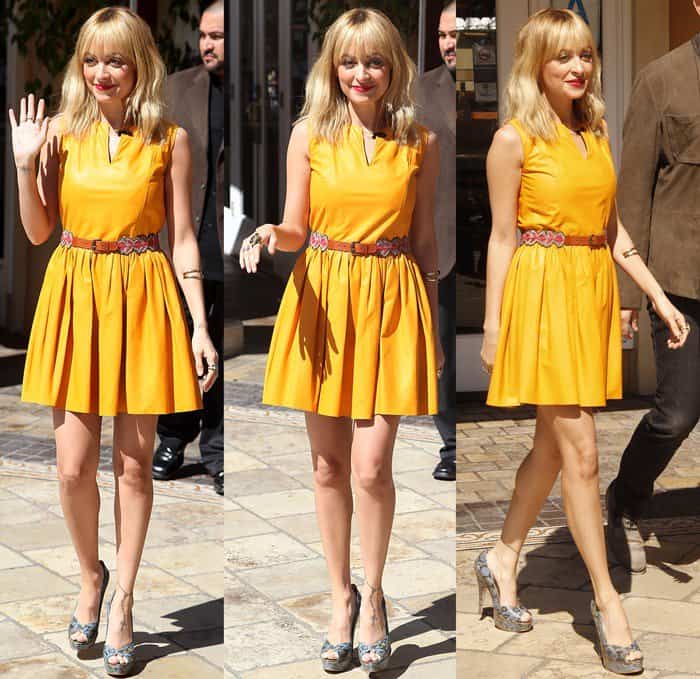 Nicole Richie boosted her height and polished her look by pairing her marigold mini dress with sky-high House of Harlow 1960 snakeskin platform heels that elongated her legs and added a bold edge to her boho-chic vibe