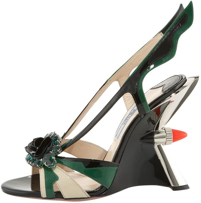 Prada Jeweled Taillight Flame Wedge Sandals in Green/Ivory/Black