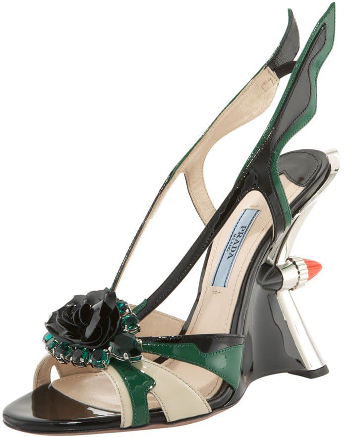 Prada Jeweled Taillight Flame Wedge Sandals in Green/Ivory/Black