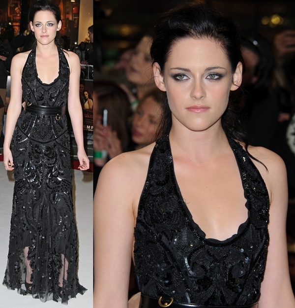 Kristen Stewart wearing a black sequined floor-length Roberto Cavalli dress