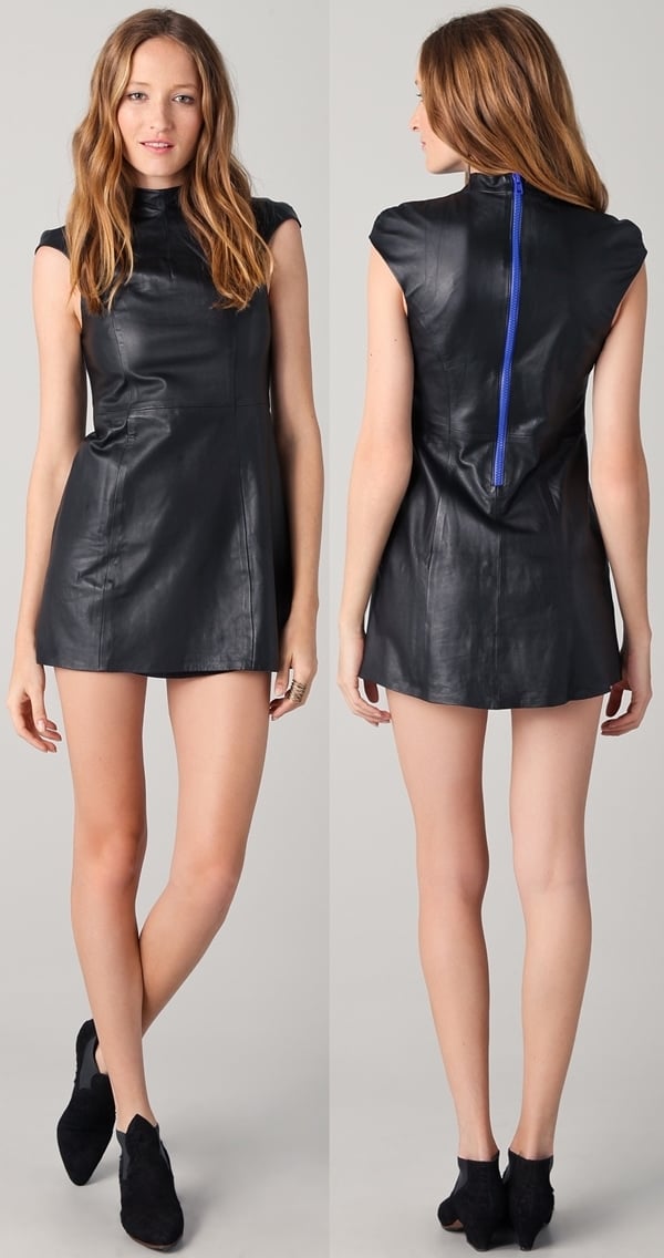 This leather shift dress features a high neck and a contrast, exposed back zip